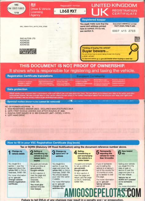 Motorista do Reino Unido, certificado de registro de veículo1 modelo